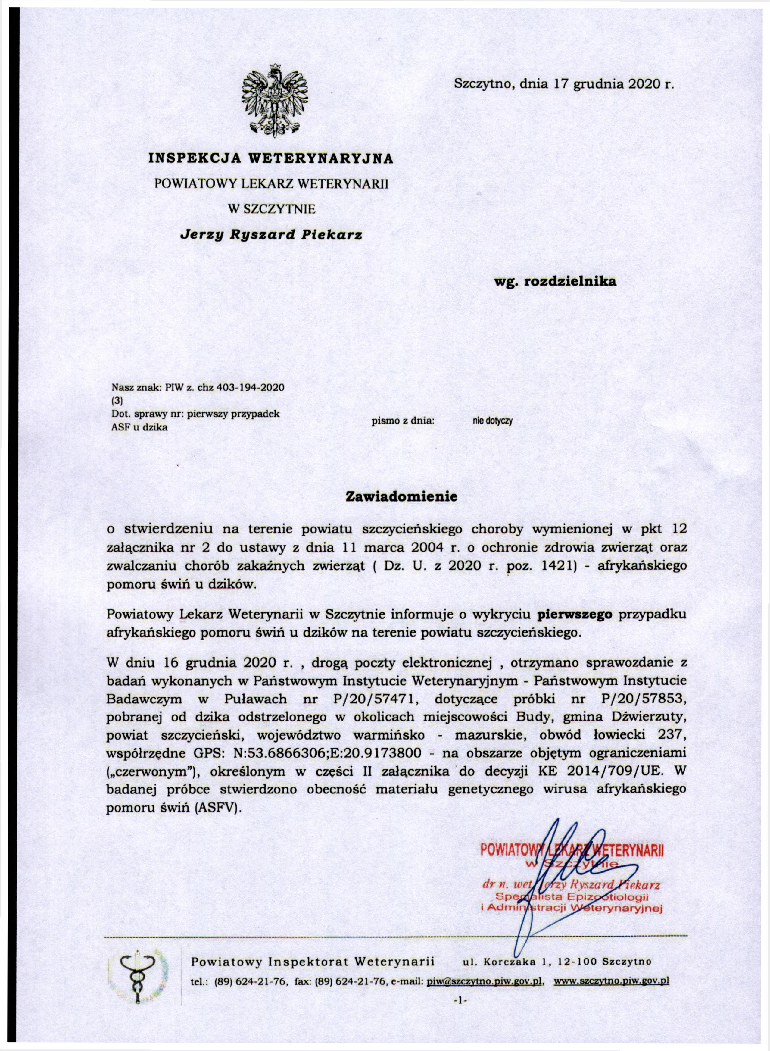 Informacja na temat pierwszego przypadku afrykańskiego pomoru świń u dzików na terenie powiatu szczycieńskiego